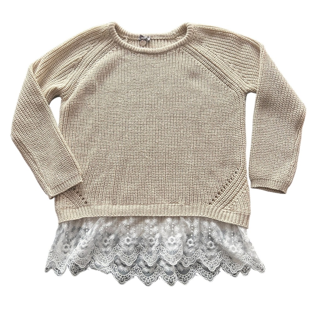 Poof Girls Sweater Top Medium Tan Lace Trim Lurex Sparkle Knit Girly Layer‎ Look